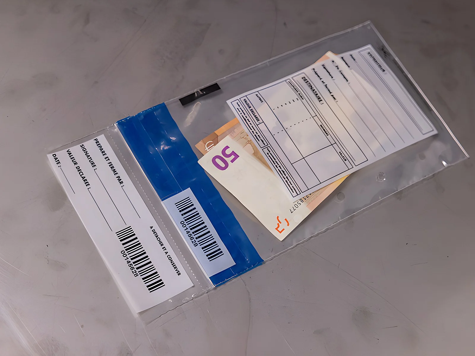 Pochette de sécurité transparente avec billets, bordereau et double code-barres