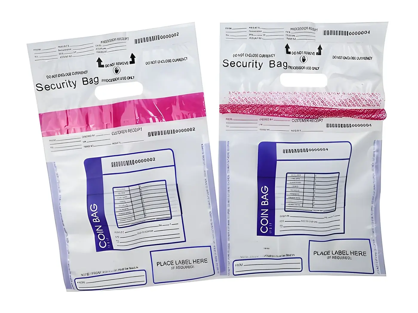 Deux sacs de sécurité transparents à poignée découpée, deux formats, bande adhésive rose