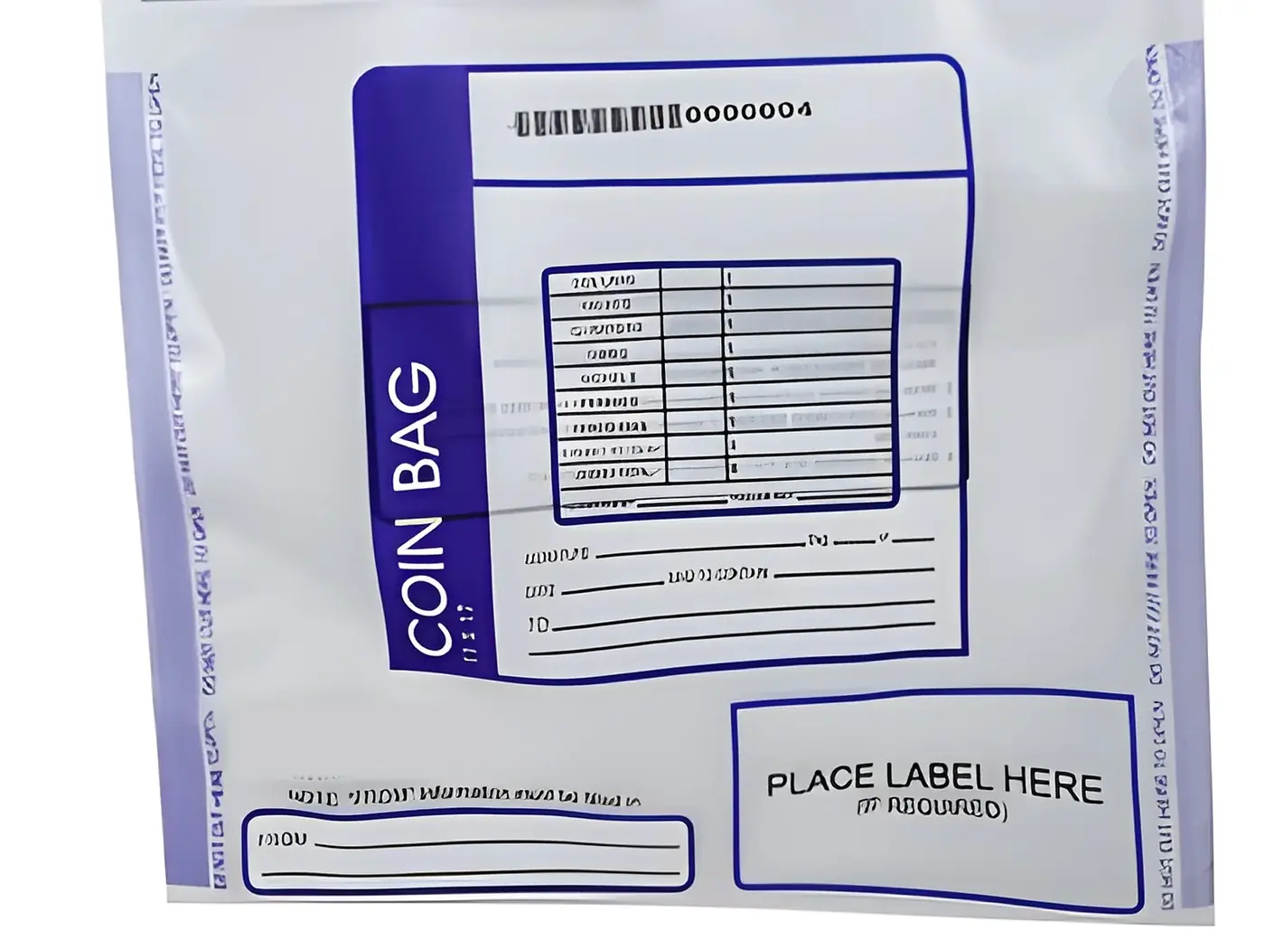 Sac de sécurité imprimé : bandeau violet, zones d’écriture et emplacement d’étiquette