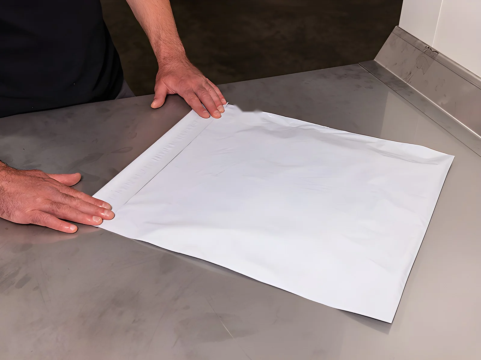 Mains lissant une pochette plastique blanche fermée, posée sur une table en inox