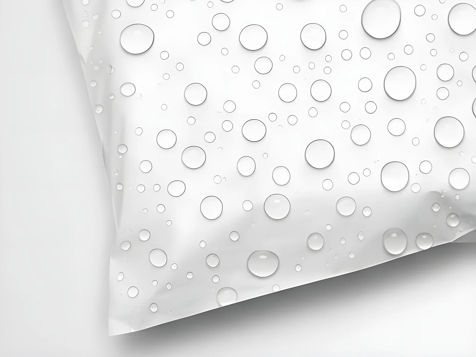 Gouttes d’eau perlant sur le film polyéthylène blanc d’une pochette